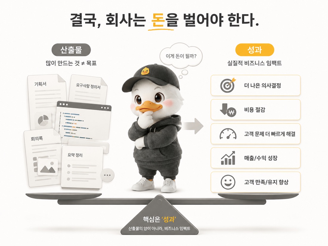 회사는 결국 돈을 벌어야 하며 AI 생산성도 비용 감소와 매출, 고객 경험으로 이어져야 한다는 메시지