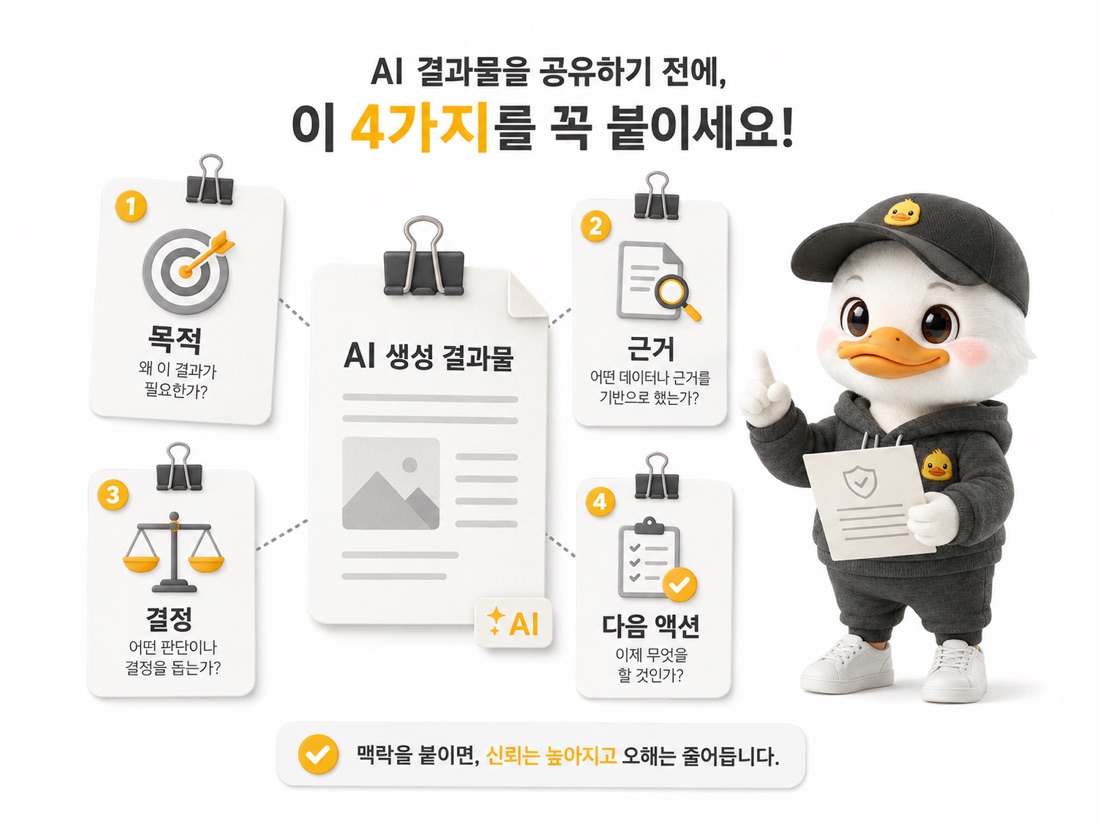 AI 결과물 공유 전 목적, 읽는 사람, 다음 행동, 사람의 판단을 확인하는 네 가지 체크리스트