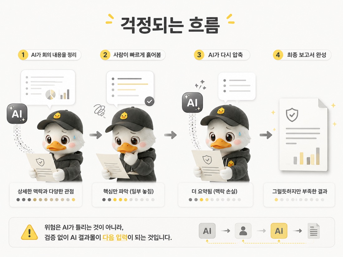 AI가 만든 회의록이 다시 AI 요약과 기획안으로 이어지며 사람의 판단이 빠질 수 있는 워크플로우