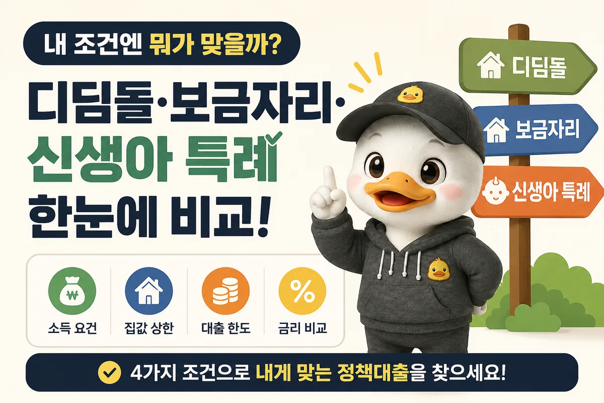 디딤돌·보금자리·신생아 특례를 소득·집값·대출한도·금리 네 조건으로 비교하는 정책대출 안내