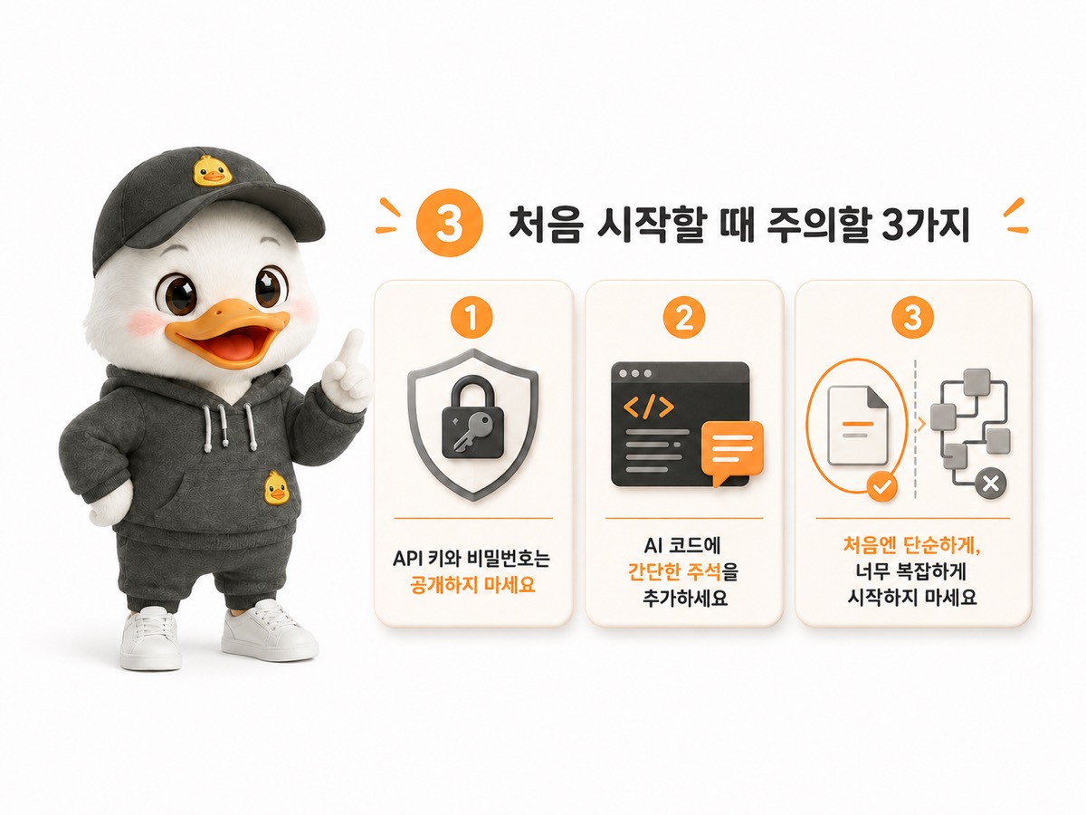 바이브코딩 입문자가 챙겨야 할 API 키 보안 주석 메모 프레임워크 욕심 3가지 주의사항