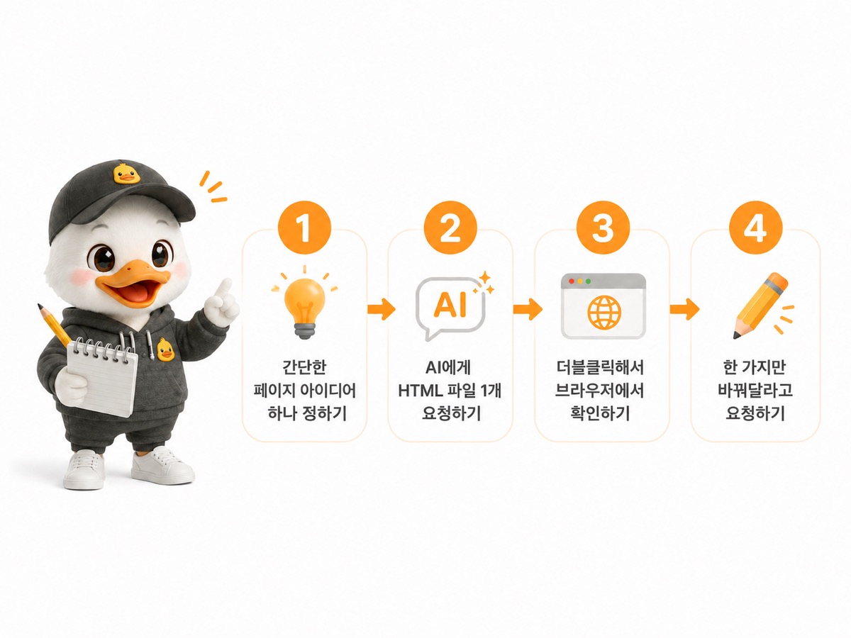 바이브코딩 시작 4단계 — 한 줄 주제 정하기부터 더블클릭 동작 확인까지 흐름
