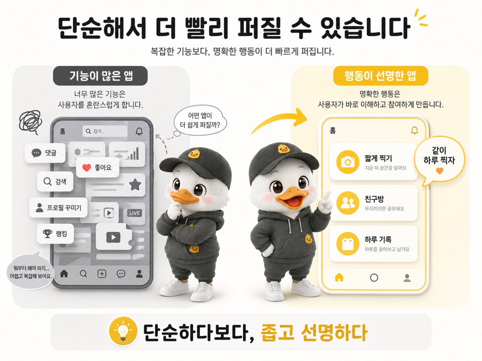기능이 많은 앱과 행동이 선명한 앱을 비교해 셋로그의 단순한 사용 맥락을 설명한 이미지
