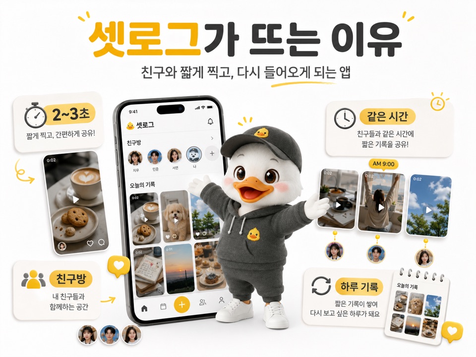 셋로그가 뜨는 이유를 2～3초 짧은 기록, 친구방, 같은 시간 참여, 하루 기록으로 정리한 이미지