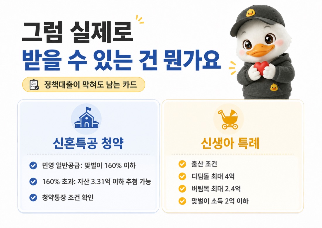 합산 8,500 초과 맞벌이 신혼부부가 활용 가능한 신혼특공 청약과 신생아 특례 디딤돌·버팀목 카드 정리