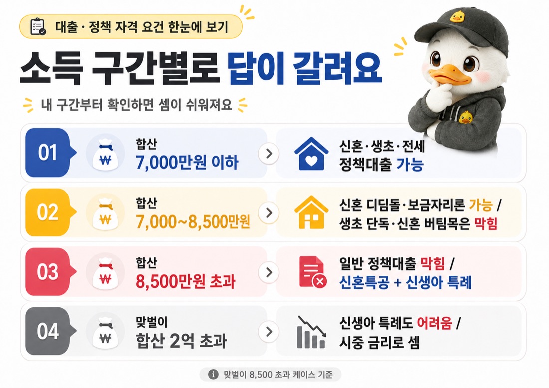 부부합산 소득 7,000·7,500·8,500·2억 구간별 신혼부부 정책대출 활용 가능 카드와 막히는 라인 비교