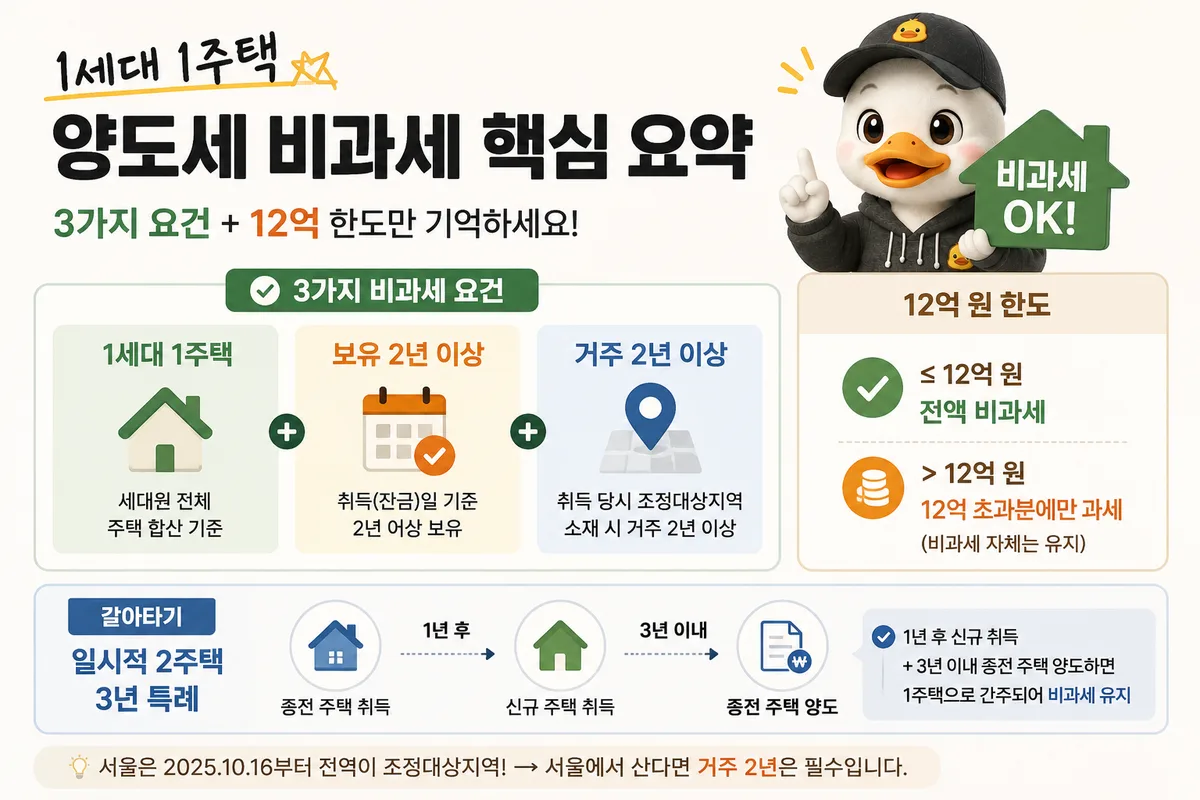 1세대 1주택 양도세 비과세 3가지 요건과 12억 한도, 일시적 2주택 3년 특례 핵심 요약