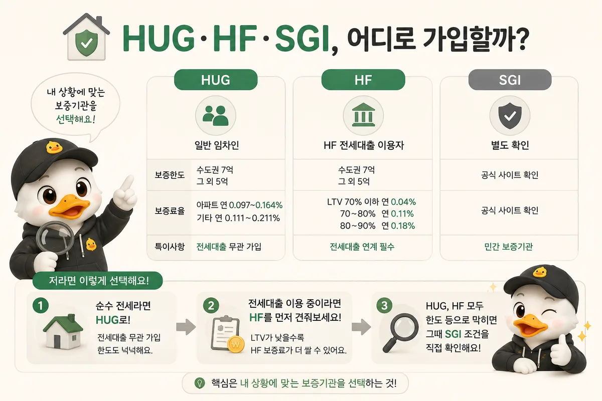 HUG·HF·SGI 전세보증보험 보증한도·보증료율 비교와 순수 전세·전세대출 상황별 가입 기관 선택 가이드