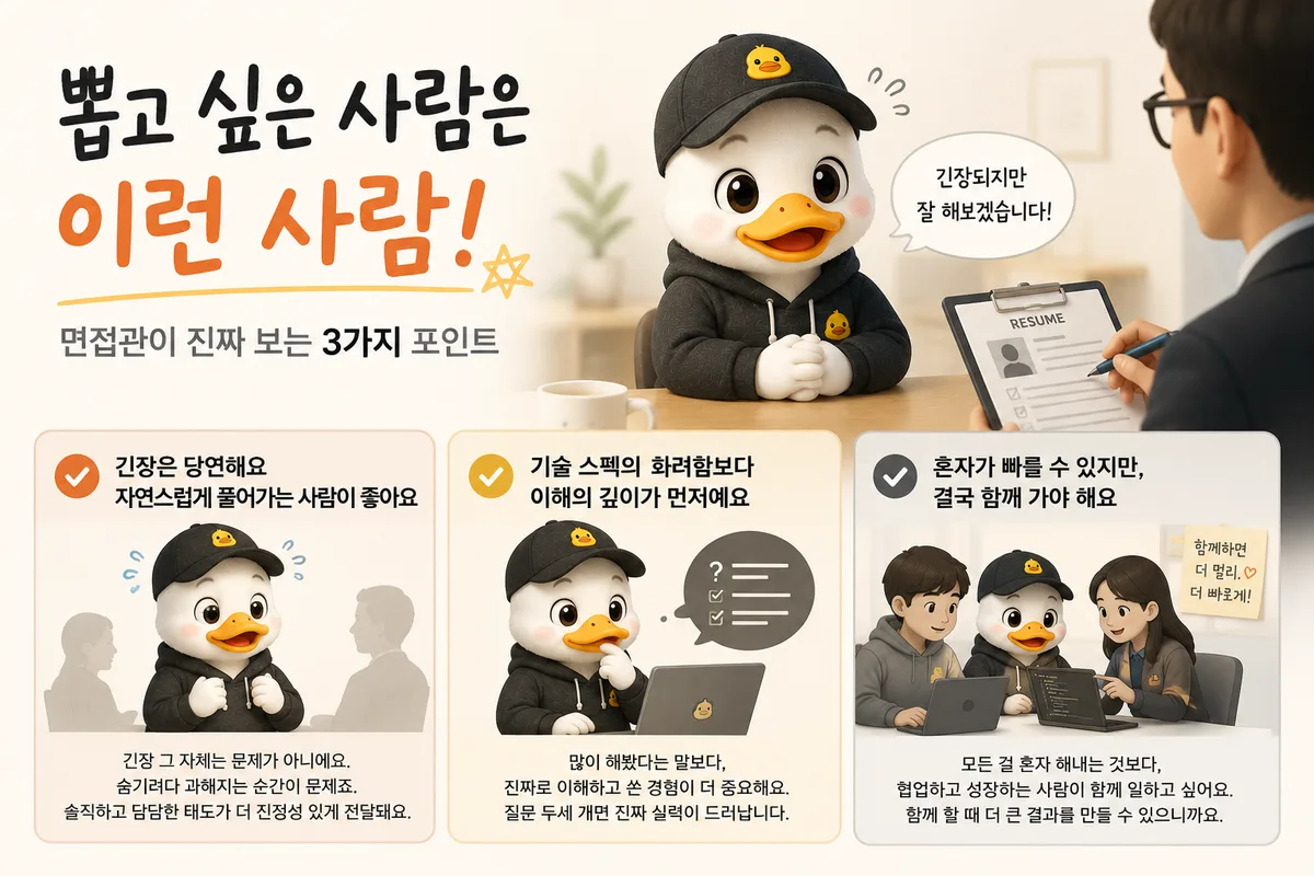 면접 보는 레스덕 캐릭터와 면접관이 진짜 보는 3가지 포인트 요약: 긴장 다루는 태도, 기술의 깊이, 협업 자세